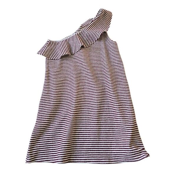Loft A-Line Dress Women's Medium Red White Striped One Shoulder Ruffle Stretch - Picture 7 of 7